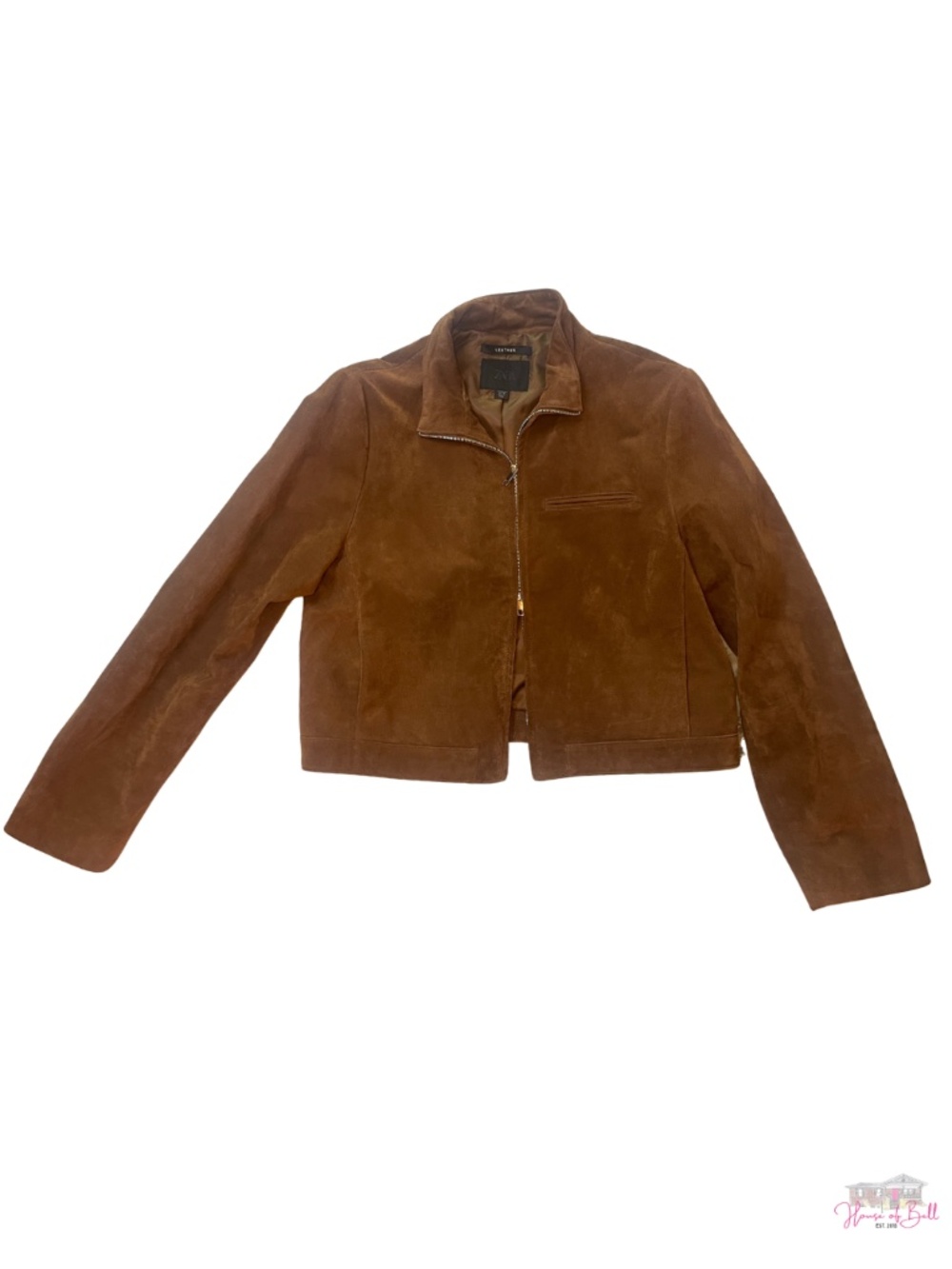 Zara Genuine Suede Leather Cropped Jacket Brown XL Stand Collar Zip Up